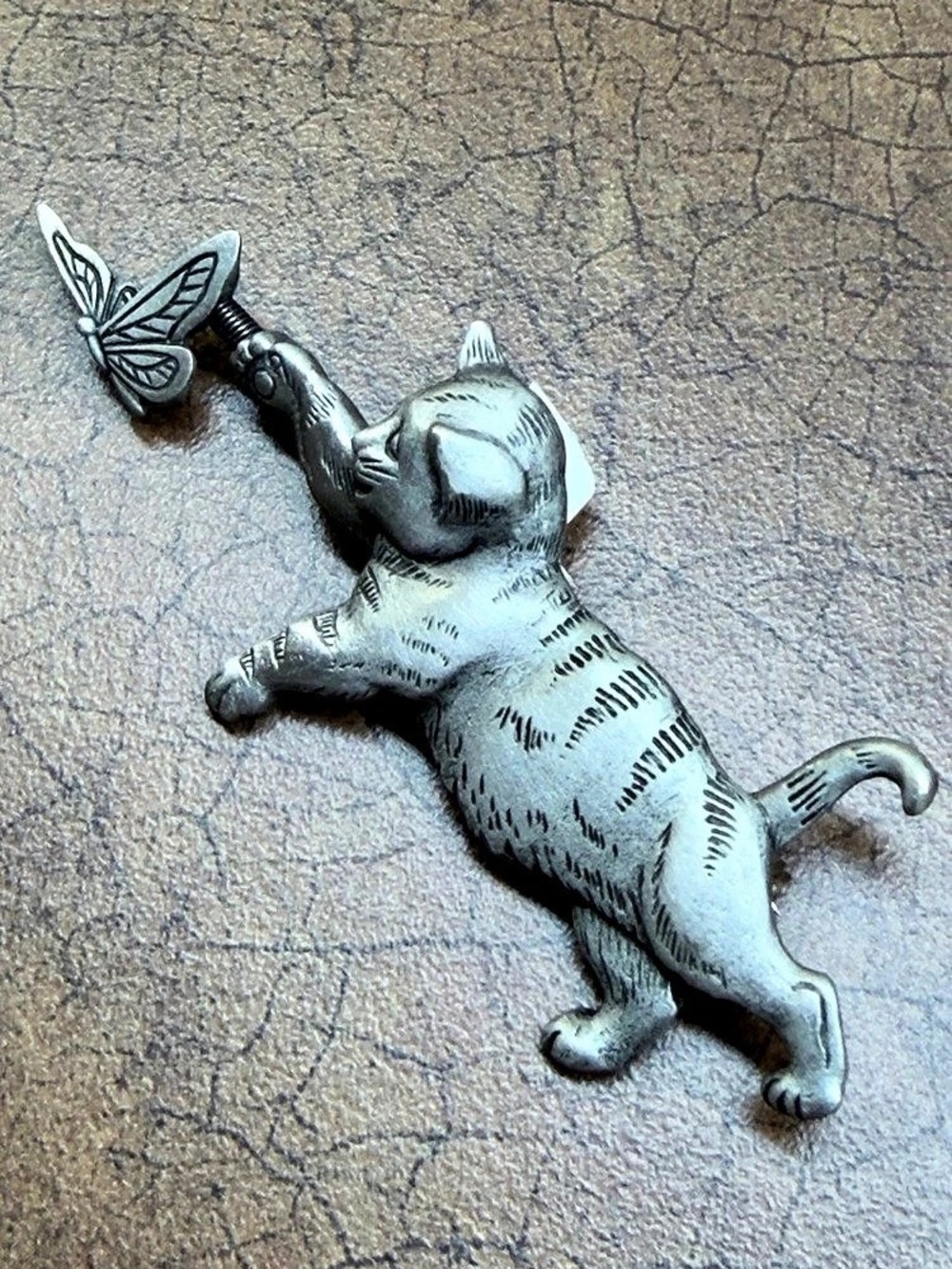 Jonette Jewelry JJ Cat and Butterfly Brooch Silver & Black